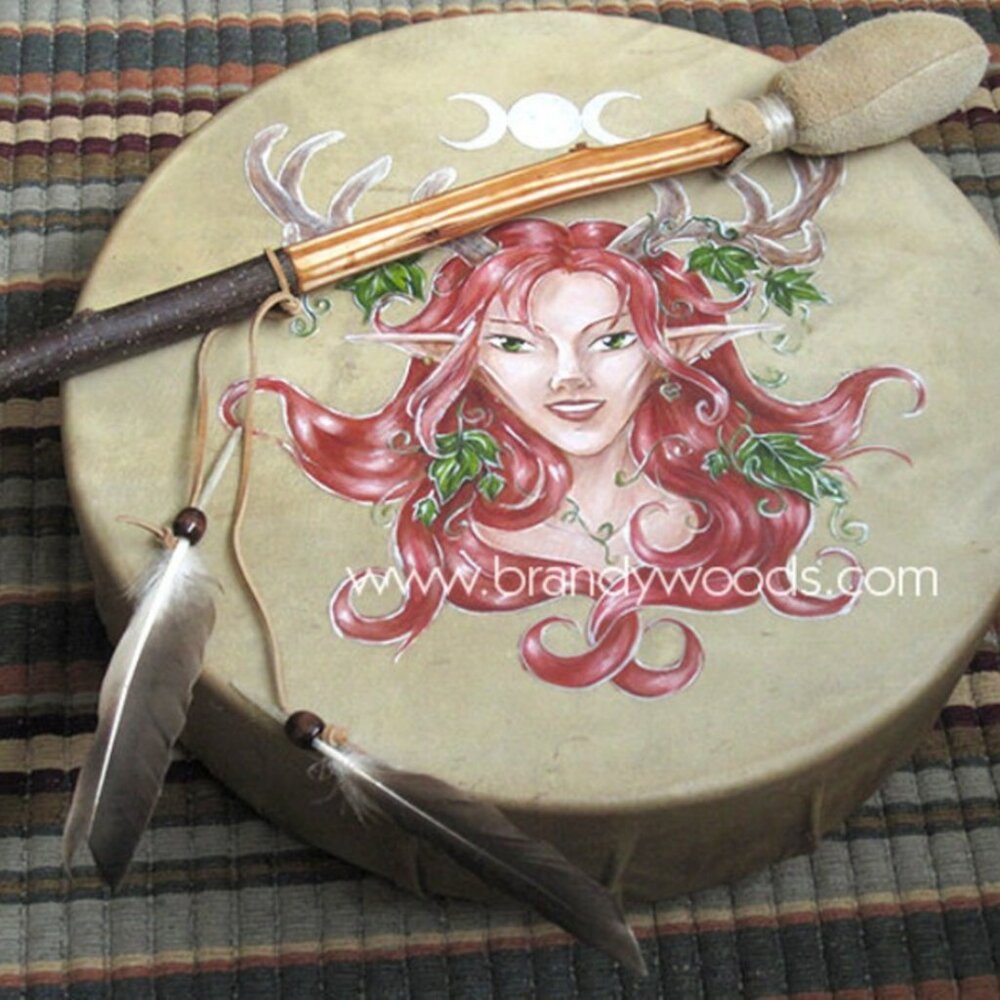 Deer Woman Shaman Drum: 13" Handmade Faerie Celtic Art with Beater Elen